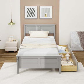 Solid Wood Platform Bed Frame with 2 Storage Drawers & Headboard, Wooden Slats Support Mattress Foundation, No Box Spring Needed