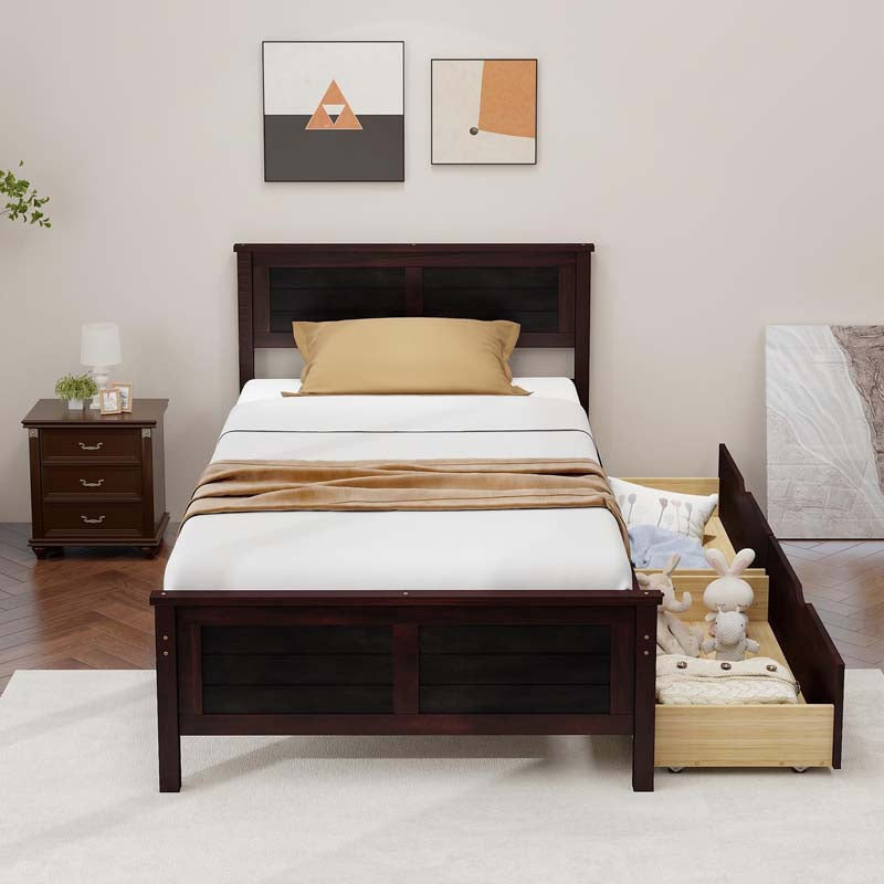 Solid Wood Platform Bed Frame with 2 Storage Drawers & Headboard, Wooden Slats Support Mattress Foundation, No Box Spring Needed