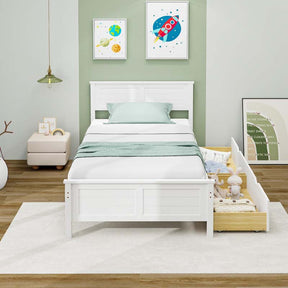 Solid Wood Platform Bed Frame with 2 Storage Drawers & Headboard, Wooden Slats Support Mattress Foundation, No Box Spring Needed