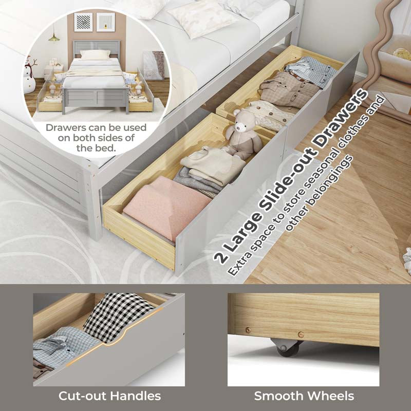 Solid Wood Platform Bed Frame with 2 Storage Drawers & Headboard, Wooden Slats Support Mattress Foundation, No Box Spring Needed
