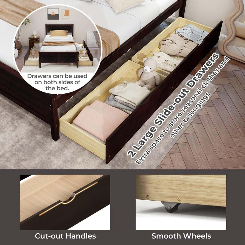 Solid Wood Platform Bed Frame with 2 Storage Drawers & Headboard, Wooden Slats Support Mattress Foundation, No Box Spring Needed