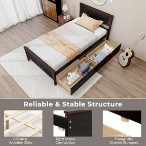 Solid Wood Platform Bed Frame with 2 Storage Drawers & Headboard, Wooden Slats Support Mattress Foundation, No Box Spring Needed