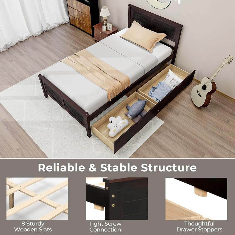 Solid Wood Platform Bed Frame with 2 Storage Drawers & Headboard, Wooden Slats Support Mattress Foundation, No Box Spring Needed