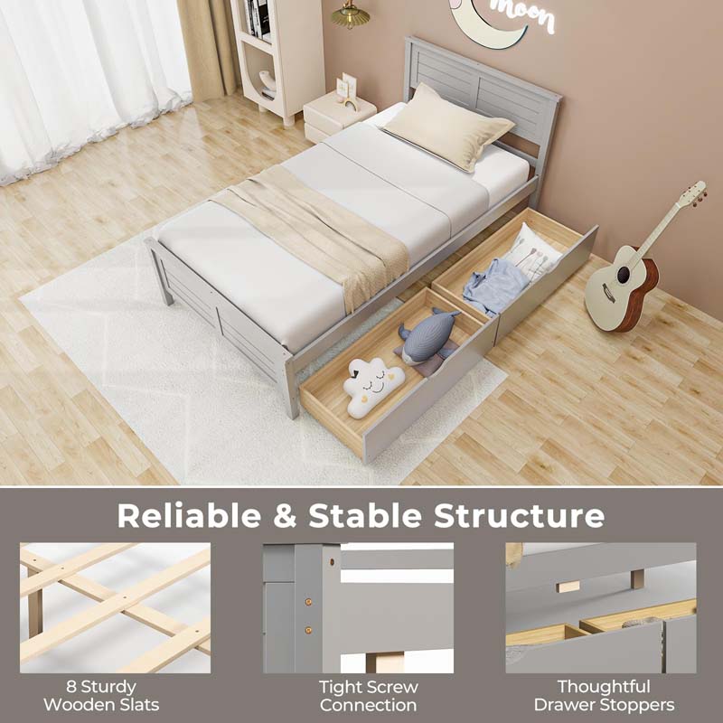 Solid Wood Platform Bed Frame with 2 Storage Drawers & Headboard, Wooden Slats Support Mattress Foundation, No Box Spring Needed