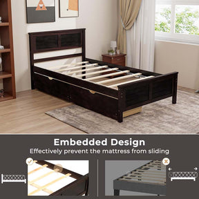 Solid Wood Platform Bed Frame with 2 Storage Drawers & Headboard, Wooden Slats Support Mattress Foundation, No Box Spring Needed