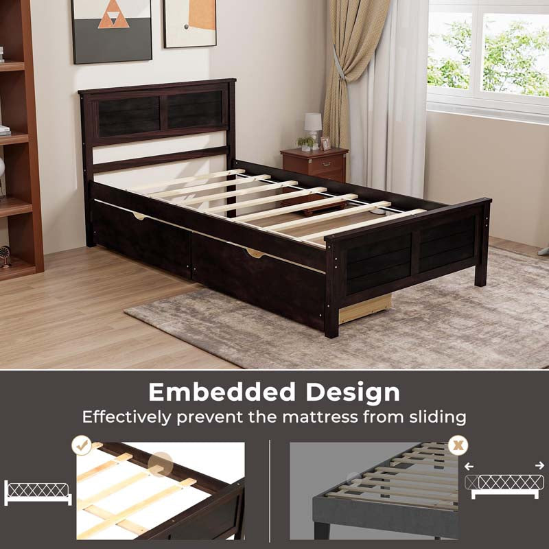 Solid Wood Platform Bed Frame with 2 Storage Drawers & Headboard, Wooden Slats Support Mattress Foundation, No Box Spring Needed