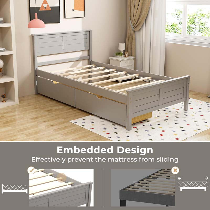 Solid Wood Platform Bed Frame with 2 Storage Drawers & Headboard, Wooden Slats Support Mattress Foundation, No Box Spring Needed