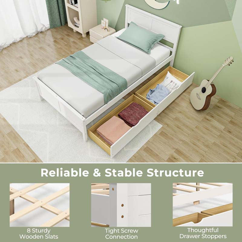Solid Wood Platform Bed Frame with 2 Storage Drawers & Headboard, Wooden Slats Support Mattress Foundation, No Box Spring Needed