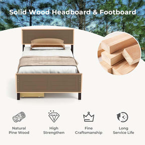 Solid Wood Platform Bed Frame with 2 Storage Drawers & Headboard, Wooden Slats Support Mattress Foundation, No Box Spring Needed