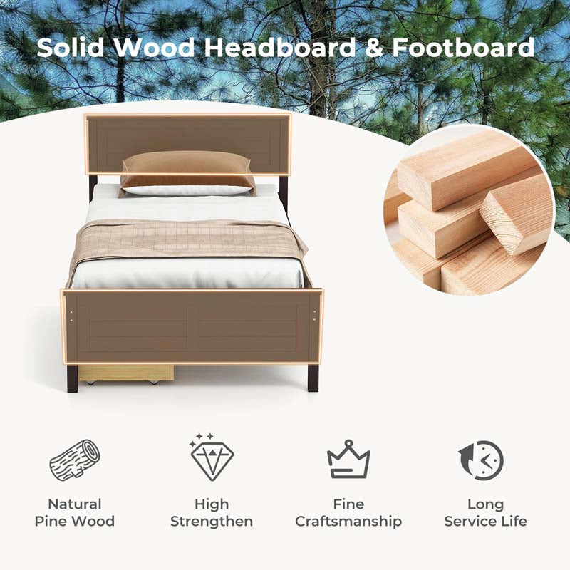 Solid Wood Platform Bed Frame with 2 Storage Drawers & Headboard, Wooden Slats Support Mattress Foundation, No Box Spring Needed