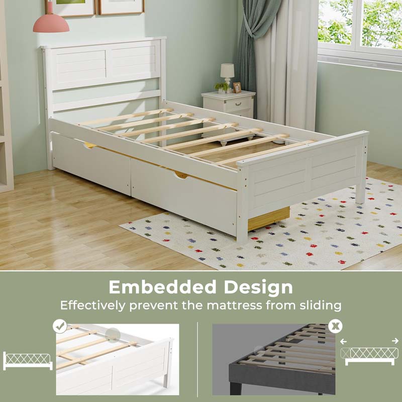 Solid Wood Platform Bed Frame with 2 Storage Drawers & Headboard, Wooden Slats Support Mattress Foundation, No Box Spring Needed