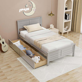 Solid Wood Platform Bed Frame with 2 Storage Drawers & Headboard, Wooden Slats Support Mattress Foundation, No Box Spring Needed