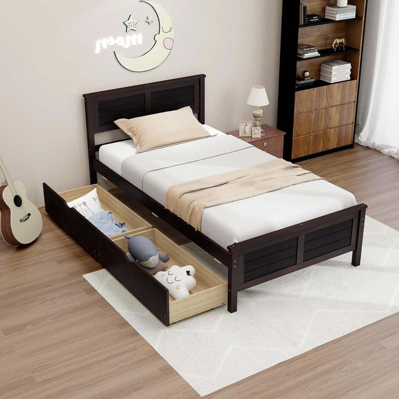 Solid Wood Platform Bed Frame with 2 Storage Drawers & Headboard, Wooden Slats Support Mattress Foundation, No Box Spring Needed
