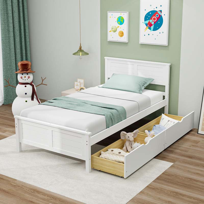 Solid Wood Platform Bed Frame with 2 Storage Drawers & Headboard, Wooden Slats Support Mattress Foundation, No Box Spring Needed