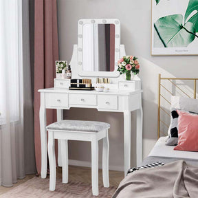 5-Drawer Vanity Table Set with 10 LED Dimmable Bulbs, Bedroom Makeup Dressing Table with Cushioned Stool