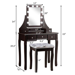 5-Drawer Vanity Table Set with 10 LED Dimmable Bulbs, Bedroom Makeup Dressing Table with Cushioned Stool
