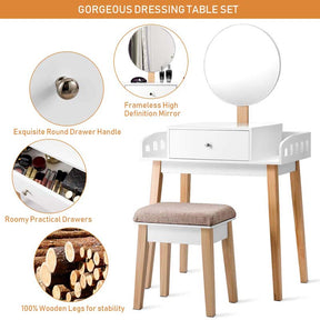 Vanity Table Set with Height Adjustable Round Mirror, Makeup Mirrored Dressing Table with Cushioned Stool, Side Storage