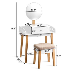 Vanity Table Set with Height Adjustable Round Mirror, Makeup Mirrored Dressing Table with Cushioned Stool, Side Storage
