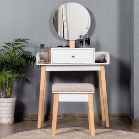 Vanity Table Set with Height Adjustable Round Mirror, Makeup Mirrored Dressing Table with Cushioned Stool, Side Storage