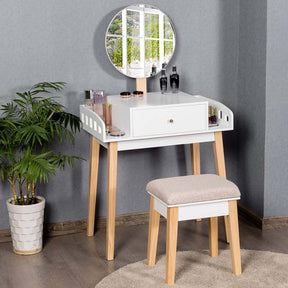 Vanity Table Set with Height Adjustable Round Mirror, Makeup Mirrored Dressing Table with Cushioned Stool, Side Storage