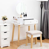 Vanity Table Set with Height Adjustable Round Mirror, Makeup Mirrored Dressing Table with Cushioned Stool, Side Storage