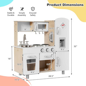 Wooden Kids Kitchen Playset w/Cookware Utensil, Phone, Clock, Water Dispenser, Pretend Cooking Toy Gift Toddlers Play Kitchen Set