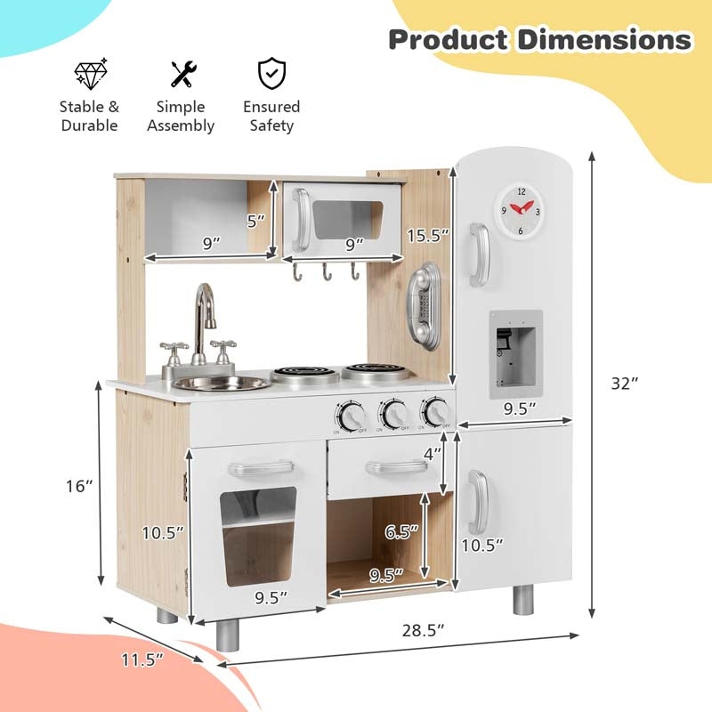Wooden Kids Kitchen Playset w/Cookware Utensil, Phone, Clock, Water Dispenser, Pretend Cooking Toy Gift Toddlers Play Kitchen Set