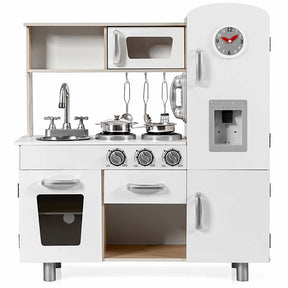 Wooden Kids Kitchen Playset w/Cookware Utensil, Phone, Clock, Water Dispenser, Pretend Cooking Toy Gift Toddlers Play Kitchen Set