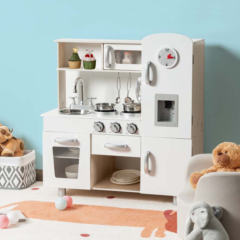 Wooden Kids Kitchen Playset w/Cookware Utensil, Phone, Clock, Water Dispenser, Pretend Cooking Toy Gift Toddlers Play Kitchen Set