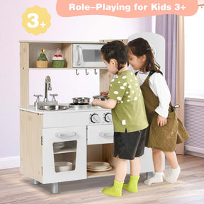Wooden Kids Kitchen Playset w/Cookware Utensil, Phone, Clock, Water Dispenser, Pretend Cooking Toy Gift Toddlers Play Kitchen Set