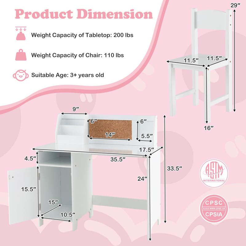 Kids Desk & Chair Set, Wooden Children Study Table w/Storage Hutch, Whiteboard & Cork Board, Student Computer Workstation for Bedroom School