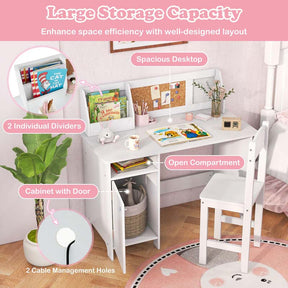Kids Desk & Chair Set, Wooden Children Study Table w/Storage Hutch, Whiteboard & Cork Board, Student Computer Workstation for Bedroom School