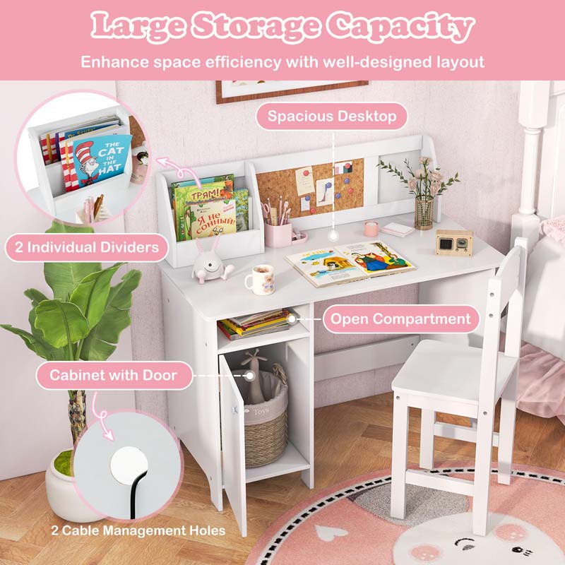 Kids Desk & Chair Set, Wooden Children Study Table w/Storage Hutch, Whiteboard & Cork Board, Student Computer Workstation for Bedroom School