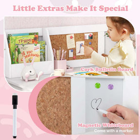 Kids Desk & Chair Set, Wooden Children Study Table w/Storage Hutch, Whiteboard & Cork Board, Student Computer Workstation for Bedroom School
