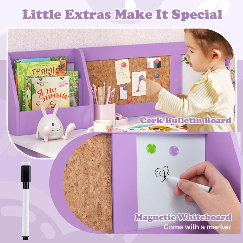 Kids Desk & Chair Set, Wooden Children Study Table w/Storage Hutch, Whiteboard & Cork Board, Student Computer Workstation for Bedroom School