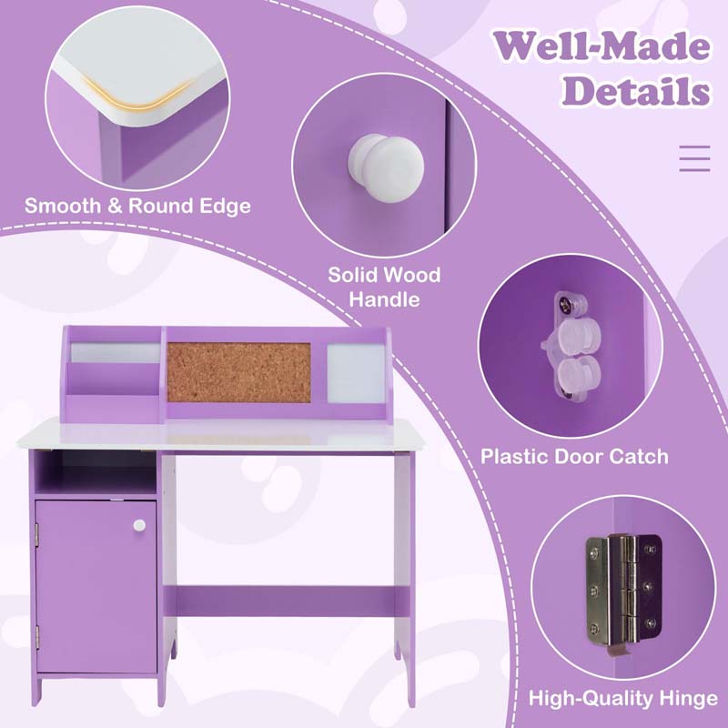 Kids Desk & Chair Set, Wooden Children Study Table w/Storage Hutch, Whiteboard & Cork Board, Student Computer Workstation for Bedroom School