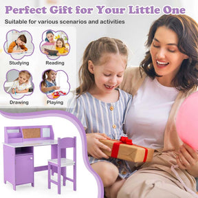 Kids Desk & Chair Set, Wooden Children Study Table w/Storage Hutch, Whiteboard & Cork Board, Student Computer Workstation for Bedroom School