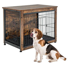 Rustic Brown Wooden Dog Crate Furniture with Tray & Double Door, Indoor Dog Kennel Cage for Small & Medium Dogs