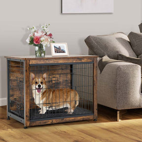 Rustic Brown Wooden Dog Crate Furniture with Tray & Double Door, Indoor Dog Kennel Cage for Small & Medium Dogs