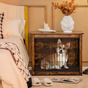 Rustic Brown Wooden Dog Crate Furniture with Tray & Double Door, Indoor Dog Kennel Cage for Small & Medium Dogs