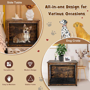 Rustic Brown Wooden Dog Crate Furniture with Tray & Double Door, Indoor Dog Kennel Cage for Small & Medium Dogs