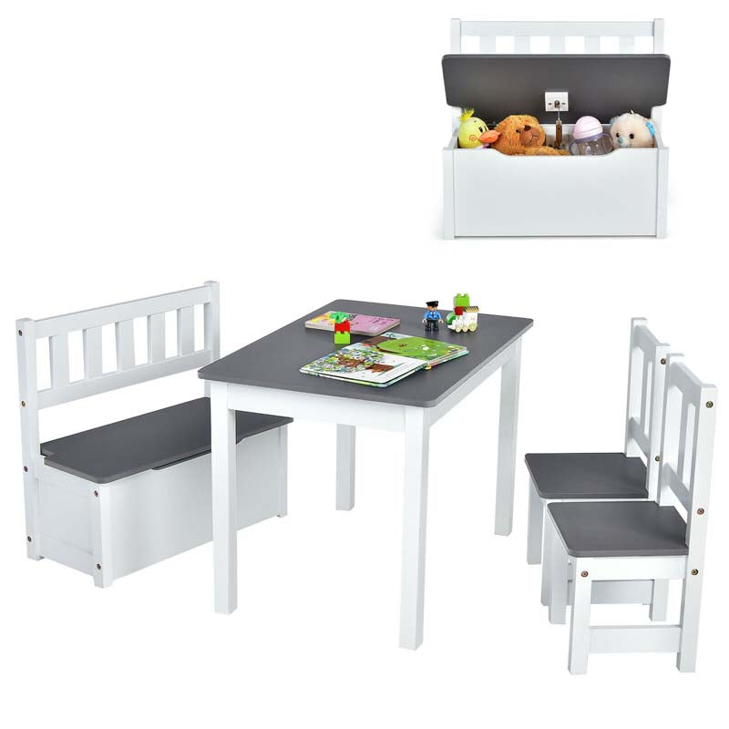 2 in 1 Kids Table and Chair Set, Wooden Children Activity Table with Toy Storage Bench & 2 Chairs for Arts, Crafts, Snack Time, Playroom