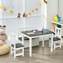 2 in 1 Kids Table and Chair Set, Wooden Children Activity Table with Toy Storage Bench & 2 Chairs for Arts, Crafts, Snack Time, Playroom