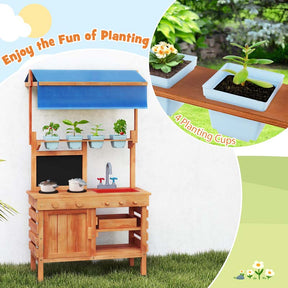 Kids Mud Kitchen Playset, Fir Wood Outdoor Play Kitchen Kids Potting Bench Mud Table with Adjustable Canopy, Sink, 4 Pots, Blackboard
