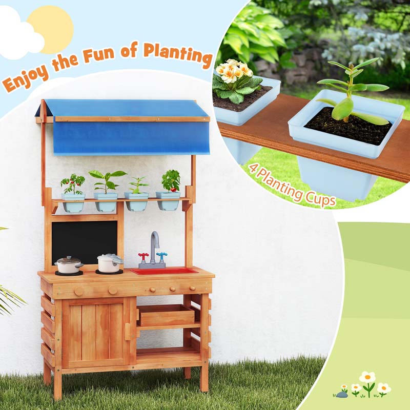 Kids Mud Kitchen Playset, Fir Wood Outdoor Play Kitchen Kids Potting Bench Mud Table with Adjustable Canopy, Sink, 4 Pots, Blackboard