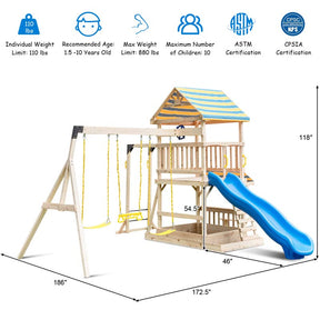 All Solid Fir Wood Swing Set for Kids with Large Upper Deck, Slide & Sandbox, 8-in-1 Outdoor Playset w/Steering Wheel, Play Telescope, Snack Bench