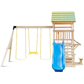 All Solid Fir Wood Swing Set for Kids with Large Upper Deck, Slide & Sandbox, 8-in-1 Outdoor Playset w/Steering Wheel, Play Telescope, Snack Bench