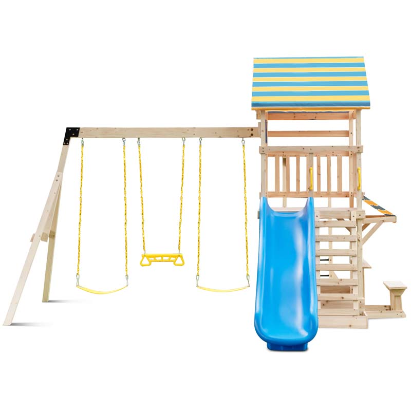 All Solid Fir Wood Swing Set for Kids with Large Upper Deck, Slide & Sandbox, 8-in-1 Outdoor Playset w/Steering Wheel, Play Telescope, Snack Bench