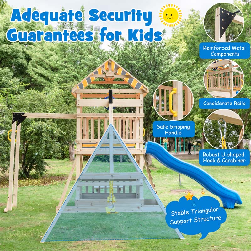 All Solid Fir Wood Swing Set for Kids with Large Upper Deck, Slide & Sandbox, 8-in-1 Outdoor Playset w/Steering Wheel, Play Telescope, Snack Bench