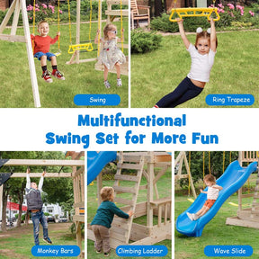 All Solid Fir Wood Swing Set for Kids with Large Upper Deck, Slide & Sandbox, 8-in-1 Outdoor Playset w/Steering Wheel, Play Telescope, Snack Bench